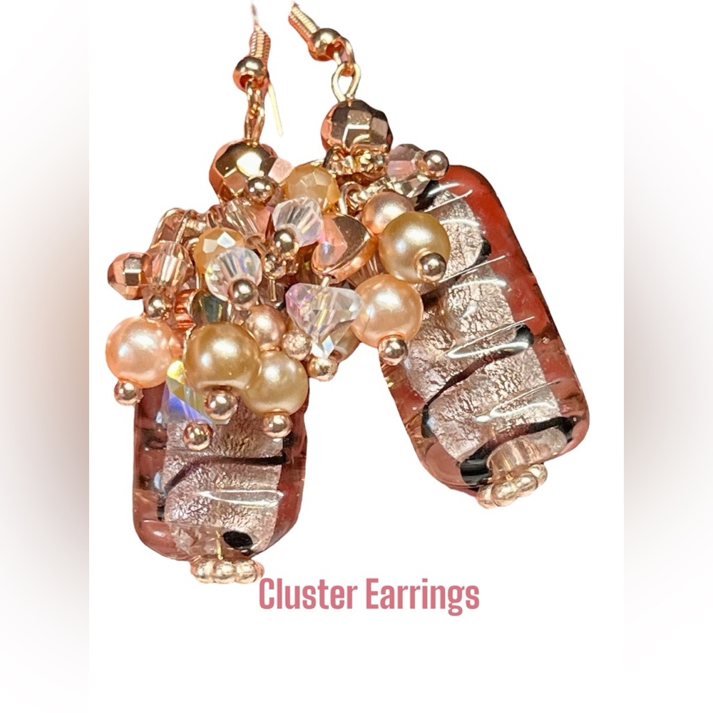 Elegant Rose Gold Murano glass beaded cluster Earrings